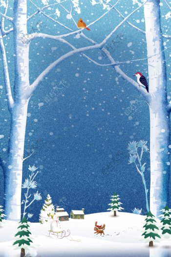 圣诞雪地树林背景素材