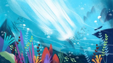 彩绘唯美海洋植物插画背景