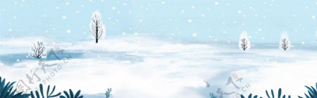 清新冬季雪景远山手绘banner背景