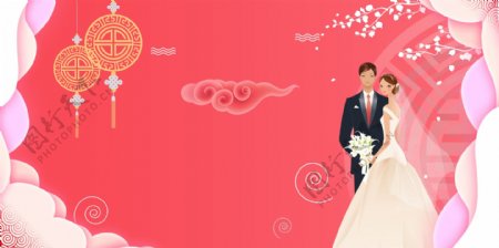 小清新新郎新娘婚礼插画背景