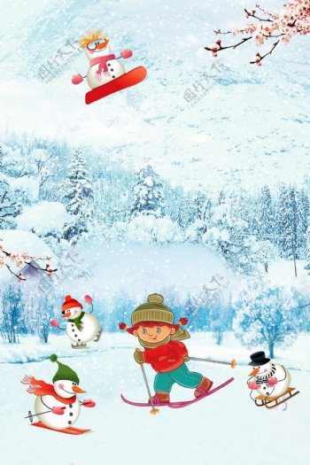 彩绘冬季滑雪的雪人儿童背景