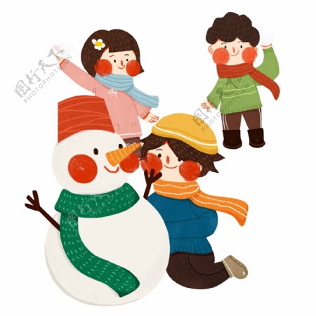 彩绘打雪仗堆雪人人物设计