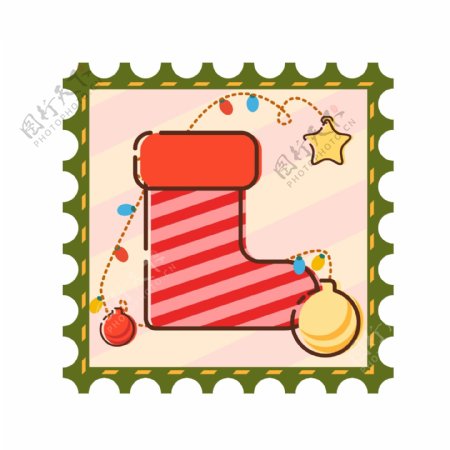 原创可爱卡通圣诞邮票袜子铃铛星星装饰元素