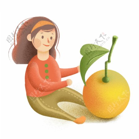 手绘清新女孩抱着橘子原创元素