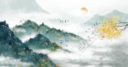 中国风绿色水墨飞鸟山水插画