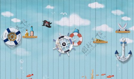 儿童卡通海船玄关屏风背景底纹素
