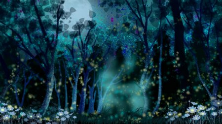 唯美晚安你好树林下的萤火虫背景素材