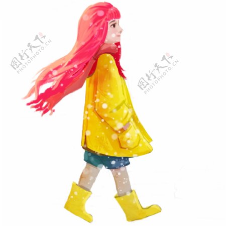 手绘穿着雨鞋在大雪中散步的女孩