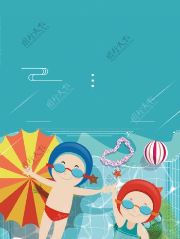 可爱手绘游泳少年广告背景