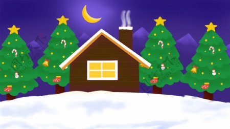 手绘夜晚圣诞树与房子背景素材
