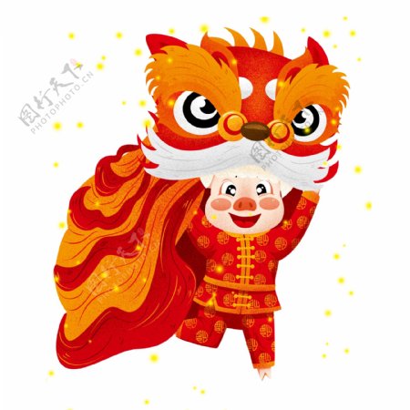 传统中国风舞狮舞龙的猪猪设计