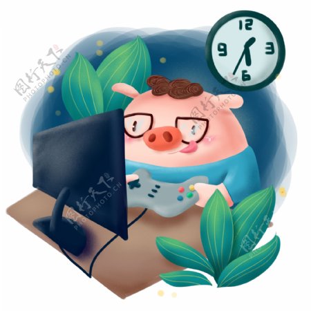 手绘猪年动物形象吃喝玩乐打游戏可商用插画