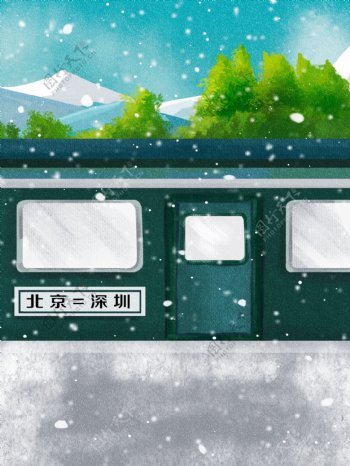 彩绘过年回家绿皮火车插画背景