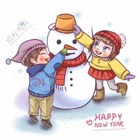 手绘商用元旦孩子堆雪人玩耍新年嬉戏场景