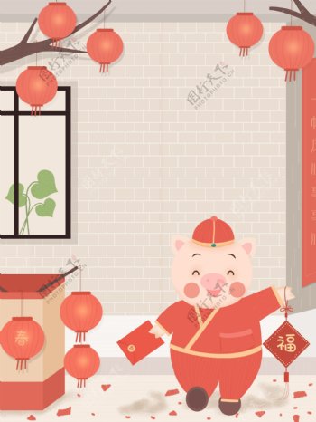 喜庆2019猪年灯笼福字背景设计