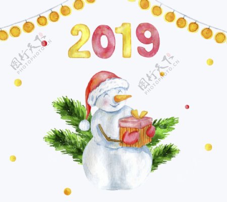 彩绘2019年怀抱礼物的雪人