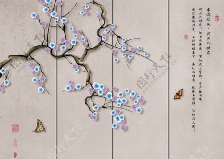 中式创意花鸟古诗背景墙底纹素材