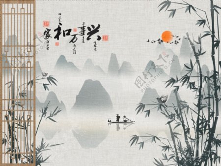 新中式竹子水墨画背景墙设计