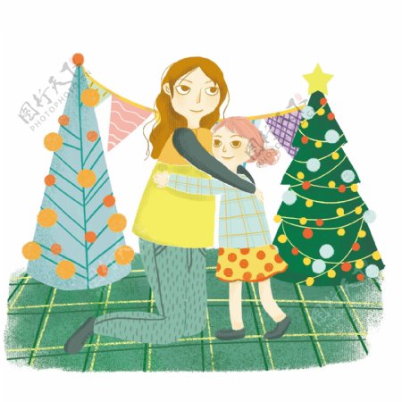 卡通手绘收到礼物的女孩和美丽的圣诞树创意海报