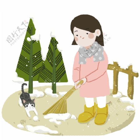 女孩在院子里扫雪图