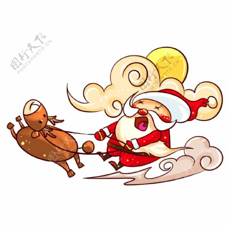 圣诞节圣诞老人麋鹿飞奔手绘插画