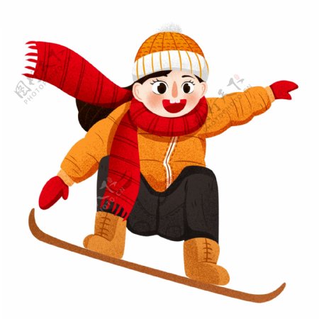 手绘冬天开心滑雪的女孩儿