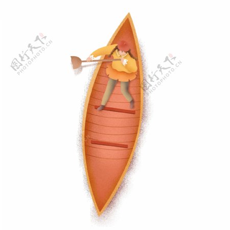 手绘划船的少女人物设计