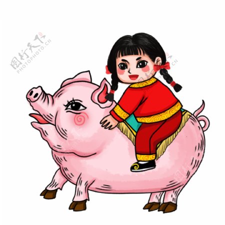水墨中国风骑着粉红小猪的女孩