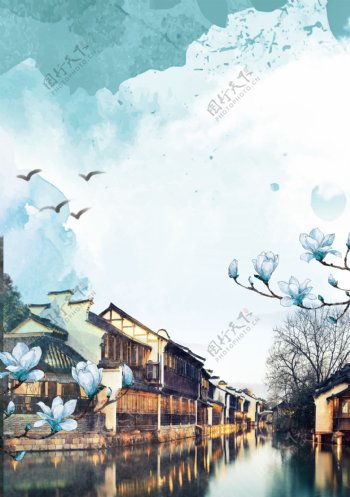 中国风江南传统风景海报背景