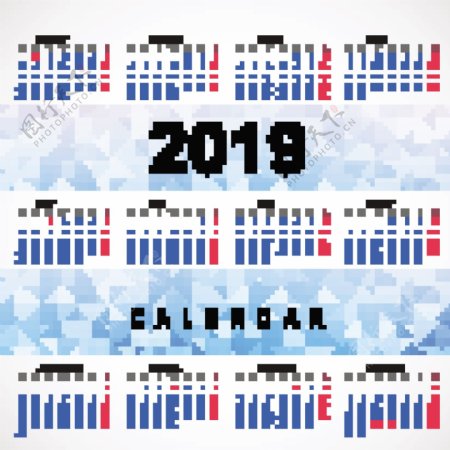 2019带有多边形模板的彩色日历