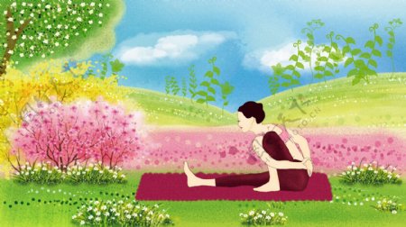 健身户外瑜珈卡通人物暖色系风景插画系列4