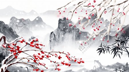 复古中国风水墨水彩冬季梅花水墨画插画