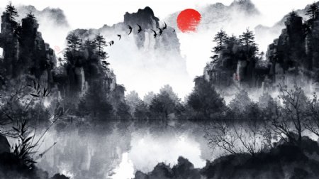 原创唯美中国古风水墨画水彩画风景山水插画