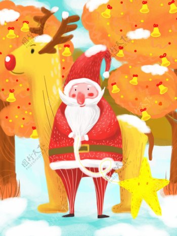 你好十二月圣诞老人与麋鹿插画