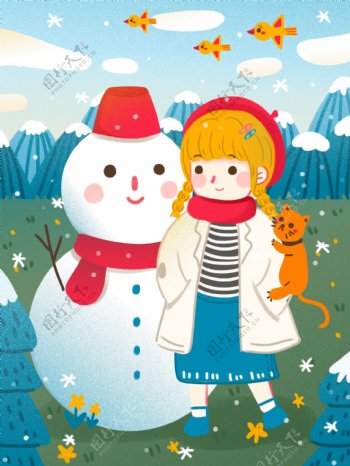 冬天在草地上玩耍的女孩猫咪和雪人冬季雪景