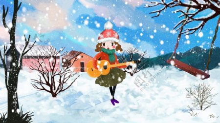 唯美清新冬季雪景创意冬日私语女孩弹琴插画