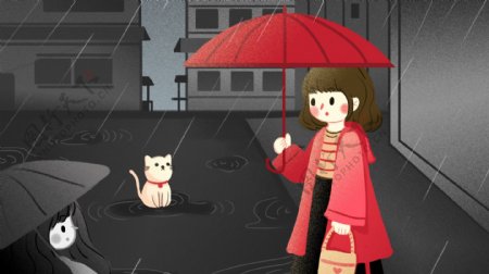 早安在下雨天大街上邂逅猫咪温馨治愈扁平