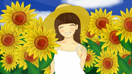 你好8月处暑向日葵中的女孩开心原创插画