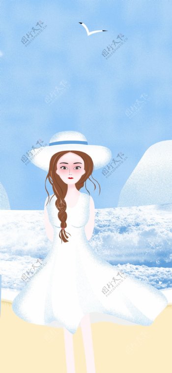 夏季单身女孩海边旅游度假之系列原创插画