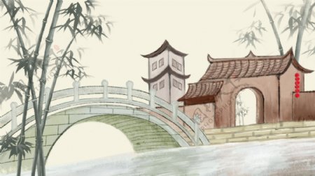 原创中国风清新简约插画古代建筑风景插画