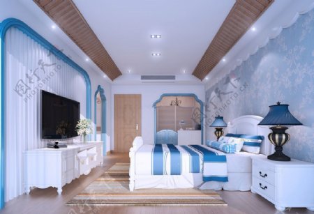 别墅清新蓝女孩卧室背景墙装潢设计效果图