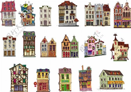 卡通彩色欧式小房子建筑矢量