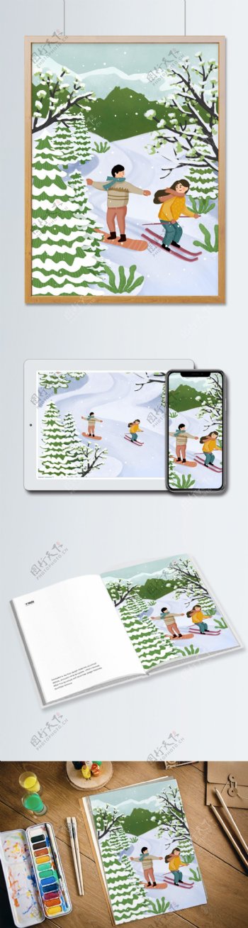 小清新手绘冬季情侣滑雪