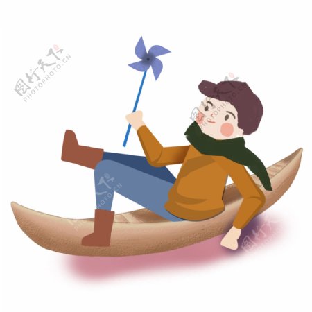 坐在木船上的男孩图案