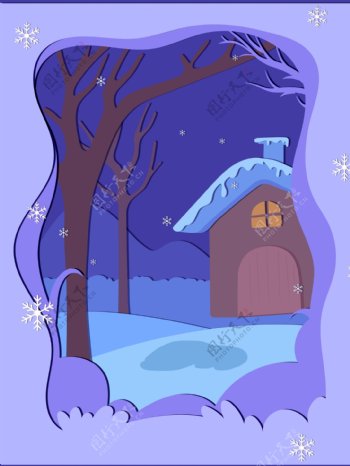 剪纸风紫色冬季主题背景设计