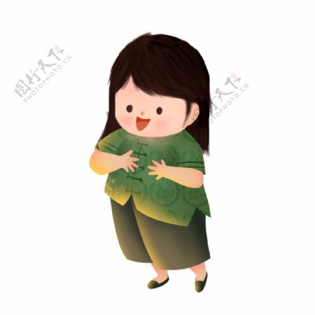卡通中国风穿着绿色衣服的女人