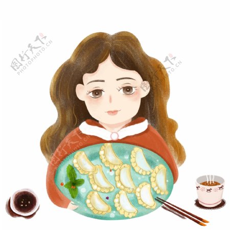 复古手绘抱着一盘饺子的女孩