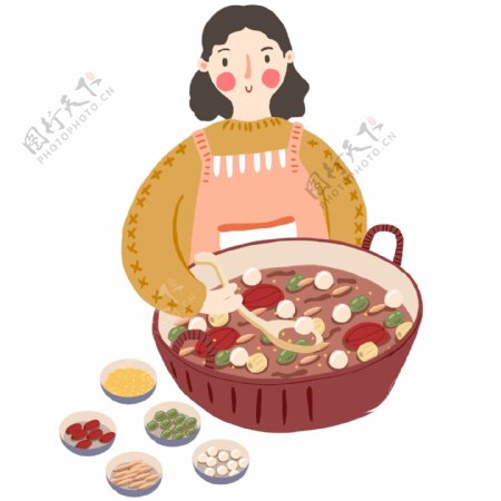 手绘煮腊八粥的女人设计元素