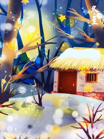 唯美五彩手绘冬季夜景背景