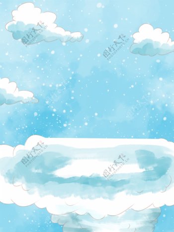 手绘冬季蓝天白云下雪背景设计